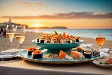 Wandcirkels tuinposter "Sunset Indulgence: Luxury Dining on Barcelona Beach with Sushi and Champagne Extravaganza © Samia