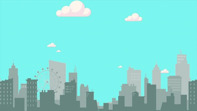 A movement animated shot of the city skyscrapers, tall buildings, or urban skyline with the blue sky and clouds in the background. 2D flat style animation
