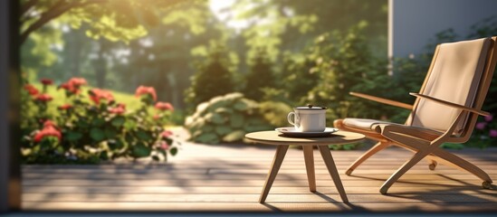 Brewing coffee while relaxing in a rocking chair on the front terrace of the house, with a backdrop of lawn and garden with sunlight