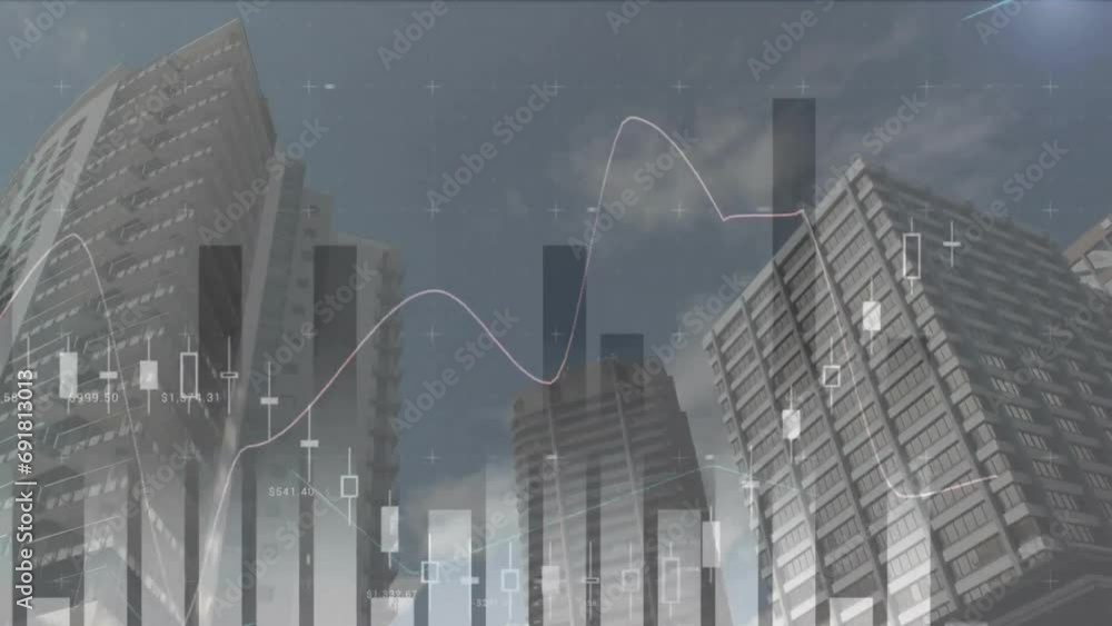 Poster animation of financial data processing over cityscape