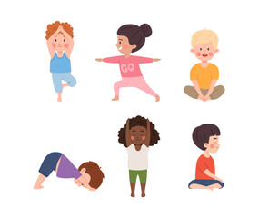 Children in yoga poses, little kids doing yoga exercise vector set illustration downward dog, butterfly, mountain poses