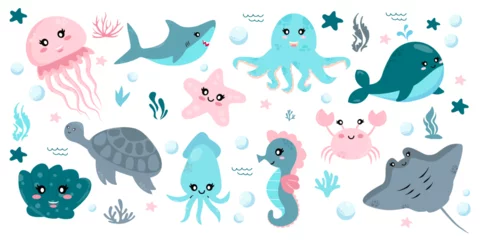 Cercles muraux Vie marine Set with hand drawn sea life elements. Sea animals. Vector doodle cartoon set of marine life objects for your design.Set with hand drawn sea life elements. Sea animals. Vector doodle cartoon set of ma