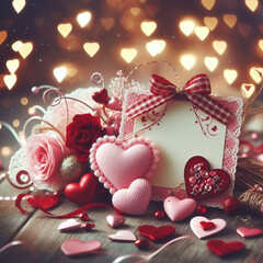 Valentine's Day background with festive decor elements and bokeh effect. Ideal for greeting cards, invitations, phone wallpapers, web sites and more. Created using generative ai tools.