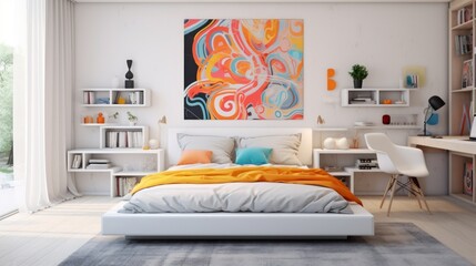 modern teenage room with bed next to white wall
