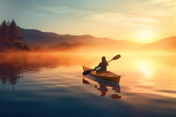 A lone woman kayaks on a tranquil lake as the sunrise spills golden light through the mist, creating a peaceful moment of connection with nature - obrazy, fototapety, plakaty