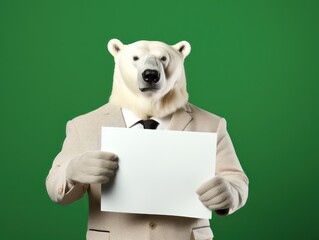 Obraz premium Portrait photorealistic anthropomorphic Polar Bear holding up a blank list, isolated on solid green background, mockup. Copy space.
