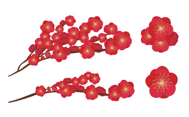 お正月や節分・成人式に使いやすい和風な赤色の梅の花の木のベクターイラスト素材セット