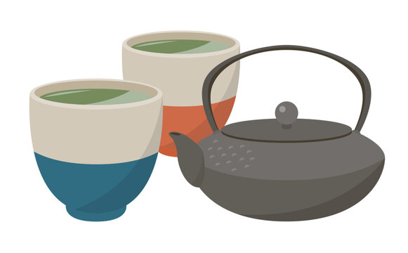 灰色でモダンなデザインの南部鉄器(日本の急須・鉄瓶)と緑茶・お茶の入った湯呑のシンプルベクターイラスト