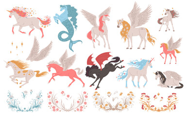 Set of fantastic horses, unicorns and pegasus, cartoon flat vector illustration isolated on white background.