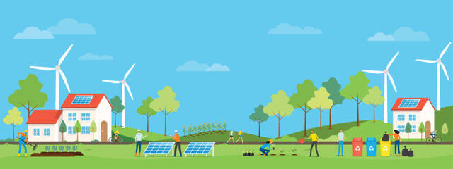 flat vector illustration People cooperating for environmental sustainability development and protection concept. with plant a tree , recycle and Use solar energy
