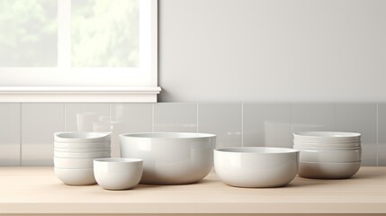 Fototapeta na wymiar a white kitchen room mixing bowls on a white background