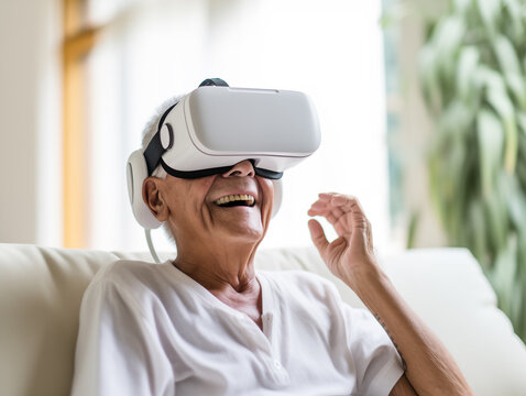 An elderly woman is sitting in the living room, wearing virtual reality glasses and smiling. Modern technology and the golden years. A photorealistic image. 