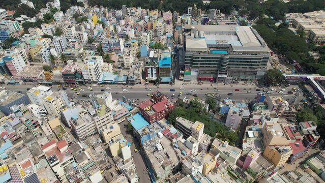 Aerial cine video of a BTM Layout, an abbreviation of Bannerghatta, Tavarekere and Madiwala Layout is a locality in Bengaluru, Karnataka, India. First layouts in Bangalore. Central Silk Board junction