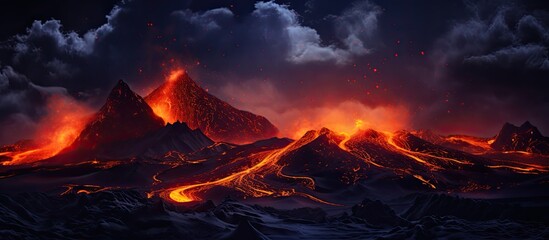 Iceland volcano eruption in GeoPark on Reykjanes peninsula, with liquid lava, night sky. - obrazy, fototapety, plakaty