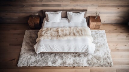 Fototapeta na wymiar Carpet, big bed, minimalist real estate photography, high angle, rustic interior design, wooden floor, snowy