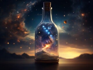 The universe rises from a glass bottle