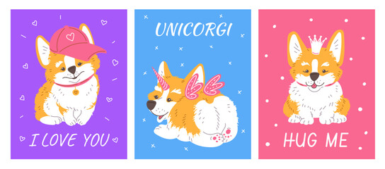 Cartoon posters vector set with Corgi dog with horn, wings, crown, baseball cap, Lovely childish design with lettering