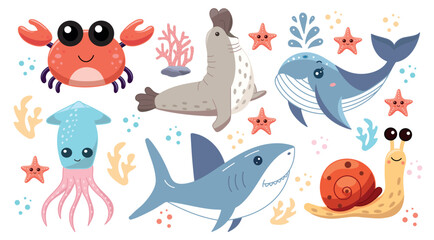 Cute sea animals, set of illustrations with aquatic inhabitants of the ocean, crab and elephant seal, blue whale and squid, shark and snail