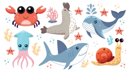 Fotobehang In de zee Cute sea animals, set of illustrations with aquatic inhabitants of the ocean, crab and elephant seal, blue whale and squid, shark and snail