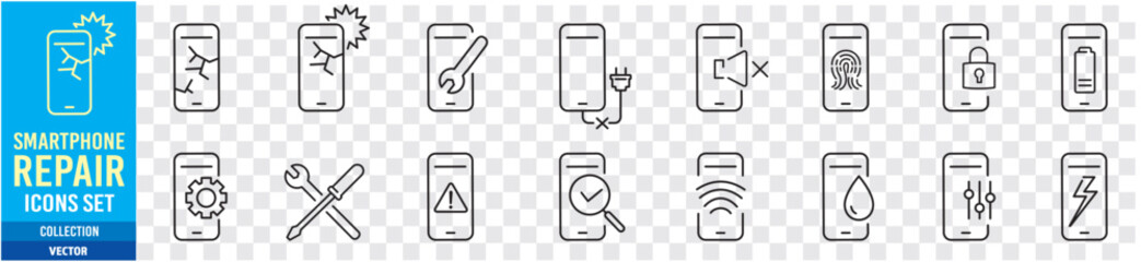 Smartphone, Repair, Broken, Repair Center, Editable stroke Linear icon collection Vector illustration - obrazy, fototapety, plakaty