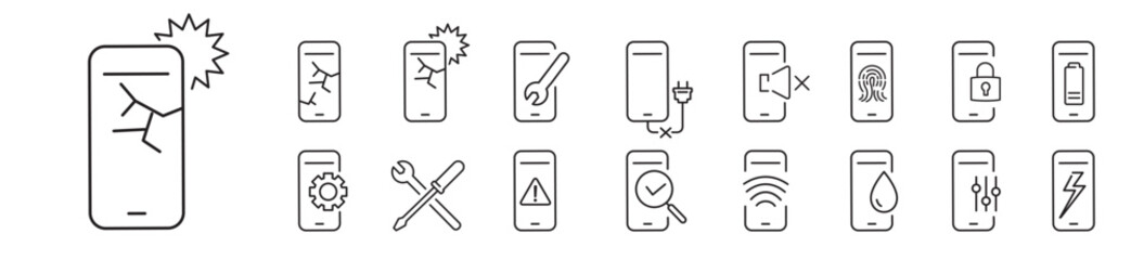 Smartphone, Repair, Broken, Repair Center, Editable stroke Linear icon collection Vector illustration