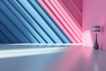 an empty room with a light blue wall and white floor, in the style of angular abstraction, luminous shadows, bryce 3d, high-angle, playing with light and shadow, shaped canvas, light pink and dark