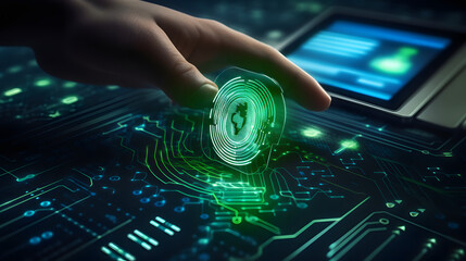 Digital banking, Internet payment, online marketing, personal financial data protection concept. Man scanning fingerprint. Generative Ai.