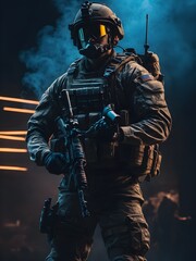 Fototapeta premium soldier standing in fog and fire war scene duty, dark photography , solider portrait .neon lights