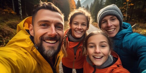 a family is posing for a selfie during a trail run, generative AI