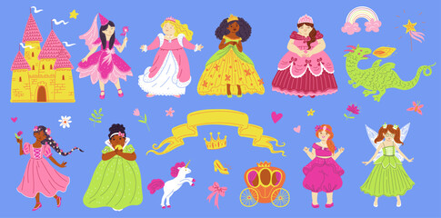 Fairy tale characters collection set, multi ethnic beautiful princesses, castle, dragon, brougham vector illustrations