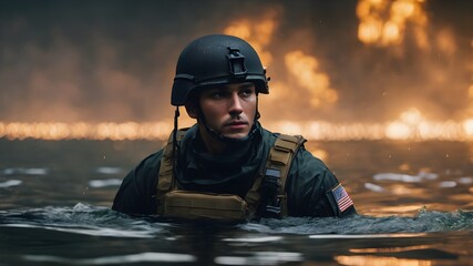 firefighters in fire ,Army man, soldier waling in the water background of fire , Dark theme , soldier swimming in water