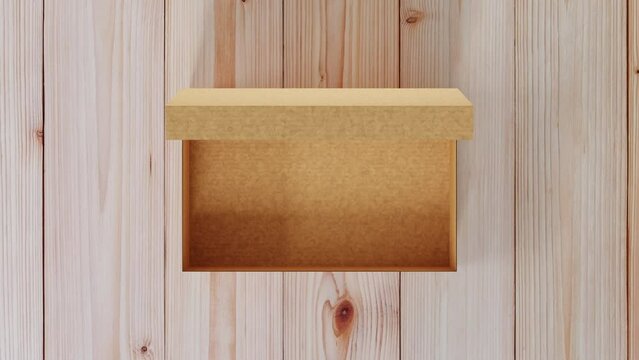 Shoe box brown parcel opening on natural wood background texture, 3D rendering.