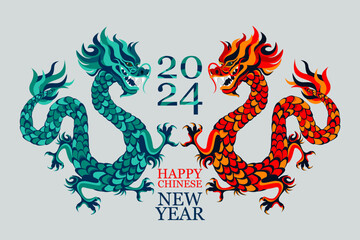 Green wooden dragon symbol of 2024. Chinese New Year. Background with a dragon. Vector illustration.