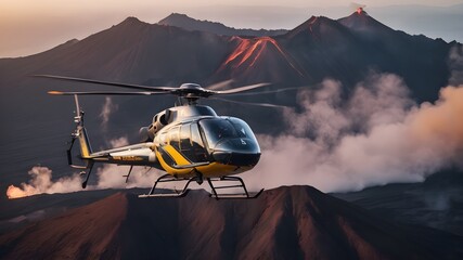 helicopter flying on the top of volcano 