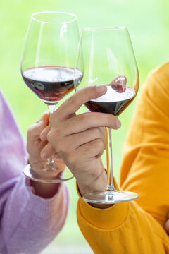 This image is a close-up of two hands gently clinking glasses in a toast, symbolizing celebration and companionship. The glasses are filled with red wine, the rich color indicating a shared