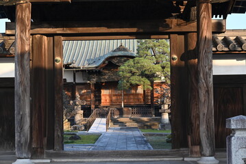 門の入り口から見える、大きな瓦屋根のお寺と境内の風景