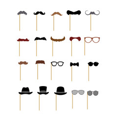 Back mustaches, glasses and hats on stick set of vector illustration isolated.