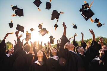 Graduates jubilantly tossing their caps in the air during a graduation ceremony