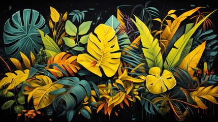 Graffiti drawing of tropical leaves with yellow, in the style of hip hop aesthetics, allover composition, playful still lifes, bold-graphic, letras y figuras, editorial illustrations - obrazy, fototapety, plakaty