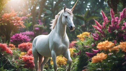 Obraz na płótnie Canvas unicorn horse in the fantasy jungle , flower jungle ,rainbow theme ,colourful