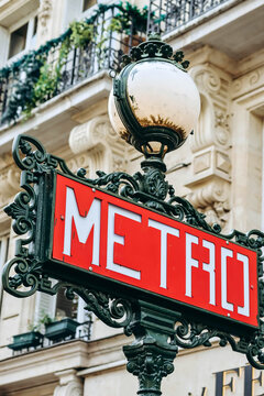 Paris, France - October 1, 2023: Paris famous metro sign