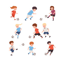 Fototapeta na wymiar Happy boys and girls playing soccer, football sport game, have fun together, kids in action vector illustrations set