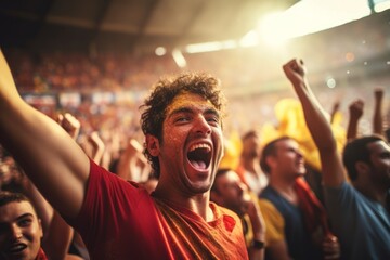 An exuberant fan celebrating a victory at a soccer stadium - obrazy, fototapety, plakaty