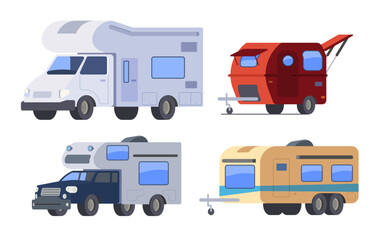 Camper van, trailer, hindcarriage, transportable dwelling and hindcarriage for road travel, journey vector isolated set