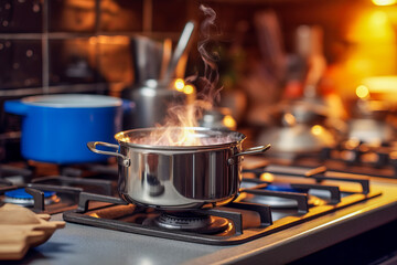 Gas stove with saucepans in kitchen