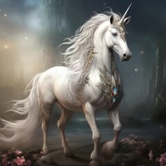 a white unicorn standing in the middle of a forest