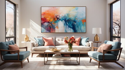 Fototapeta na wymiar modern living room with water color painting decoration