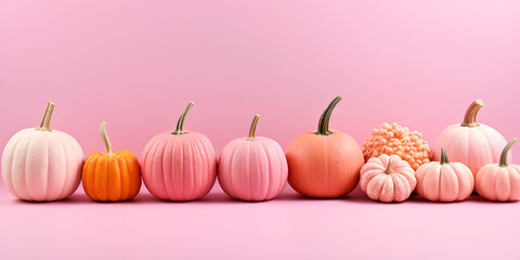 Obraz na płótnie Canvas A group of pumpkins on a pink background,Vibrant Pumpkin Patch on Pink