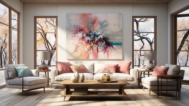 modern living room with water color painting decoration