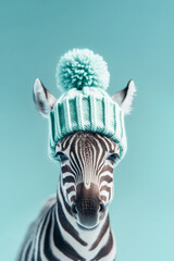 Funny Zebra in mint-colored knitted hat on light background